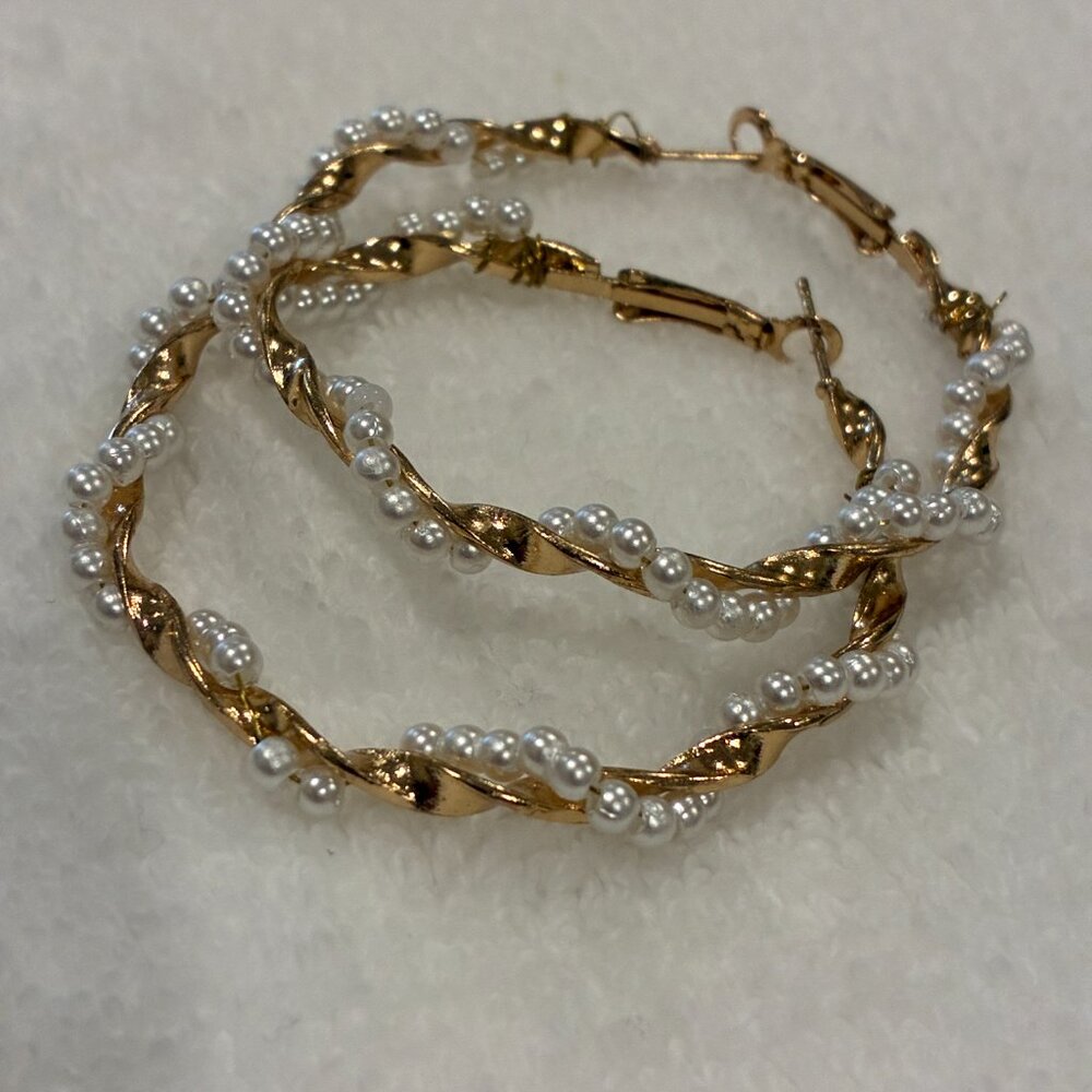 Faux Pearl & Gold Plated Twist Hoop Earrings - Picture 3 of 9